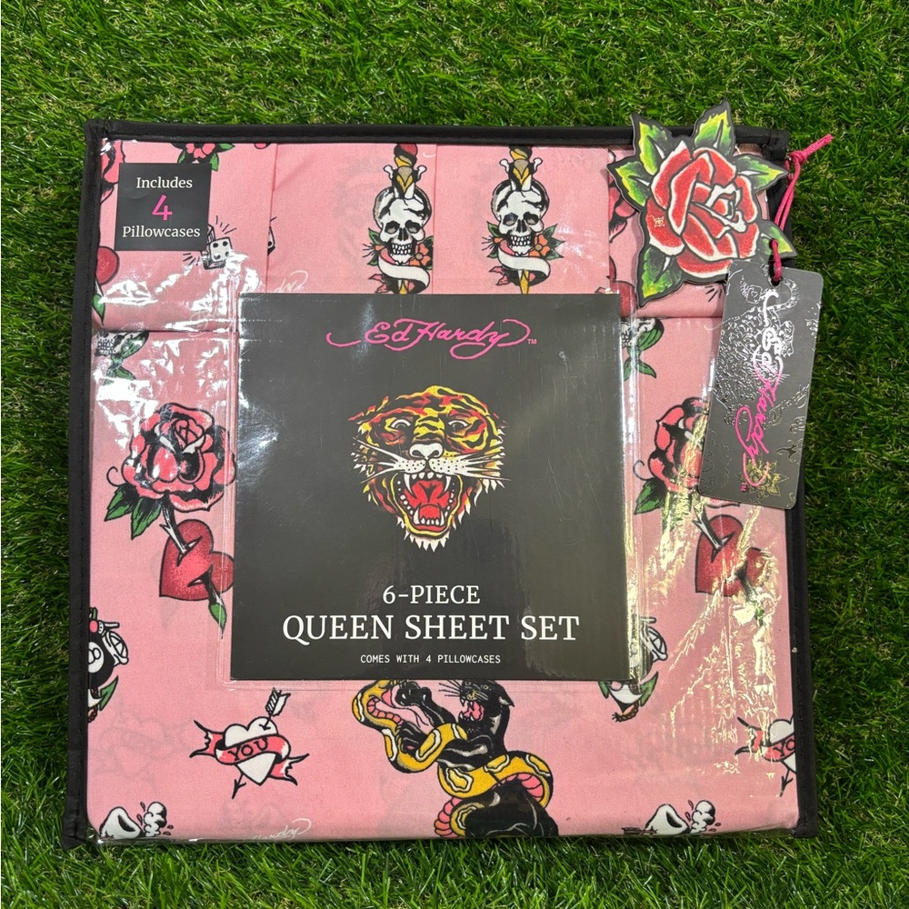 Ed Hardy Pink Tattoo-Inspired Queen Sheet Set